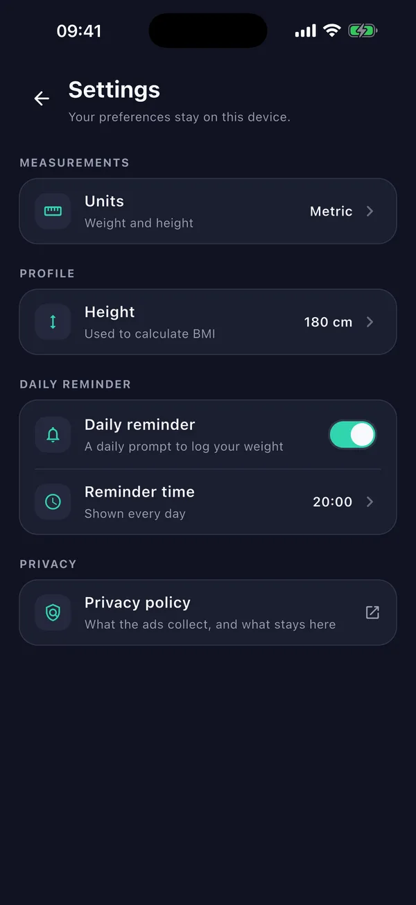 Settings: units, height and the daily reminder, with preferences kept on the device